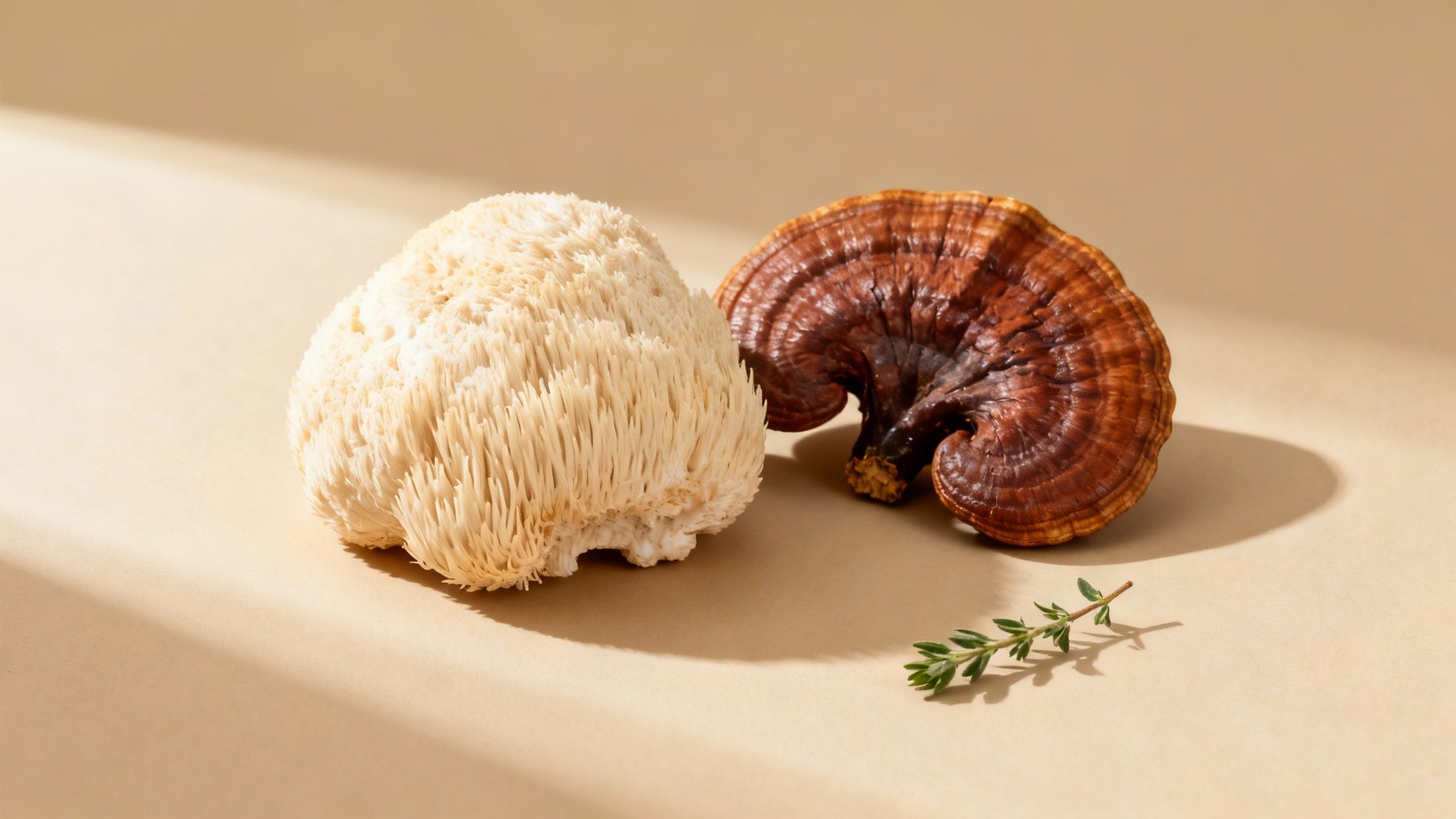 Lion's Mane and Reishi medicinal mushrooms with a thyme sprig on a light beige background.