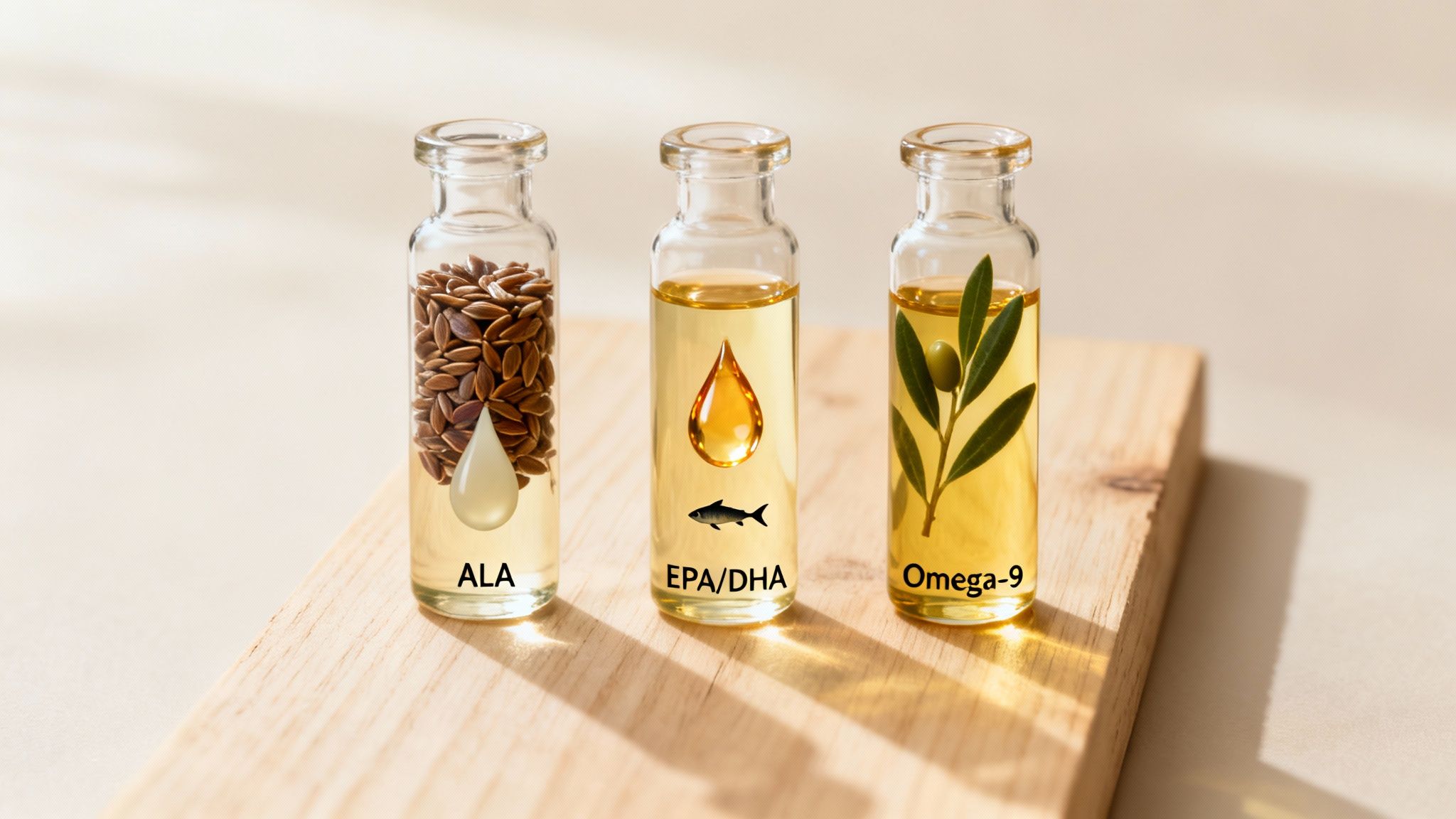 Three glass bottles showcasing ALA (flaxseed), EPA/DHA (fish oil), and Omega-9 (olive oil) on wood.