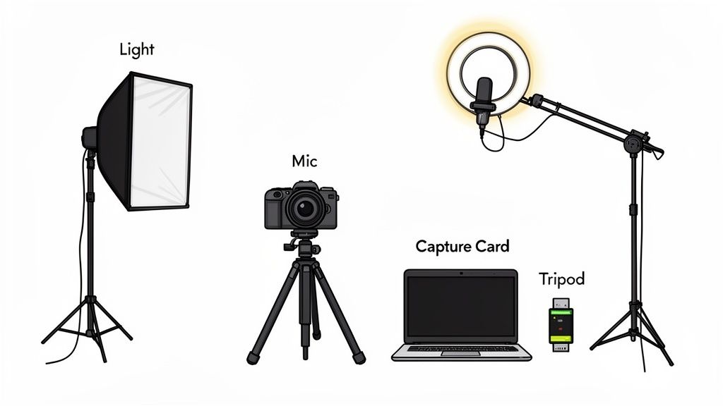 A comprehensive setup for live streaming, including a camera, lights, microphone, laptop, and capture card.