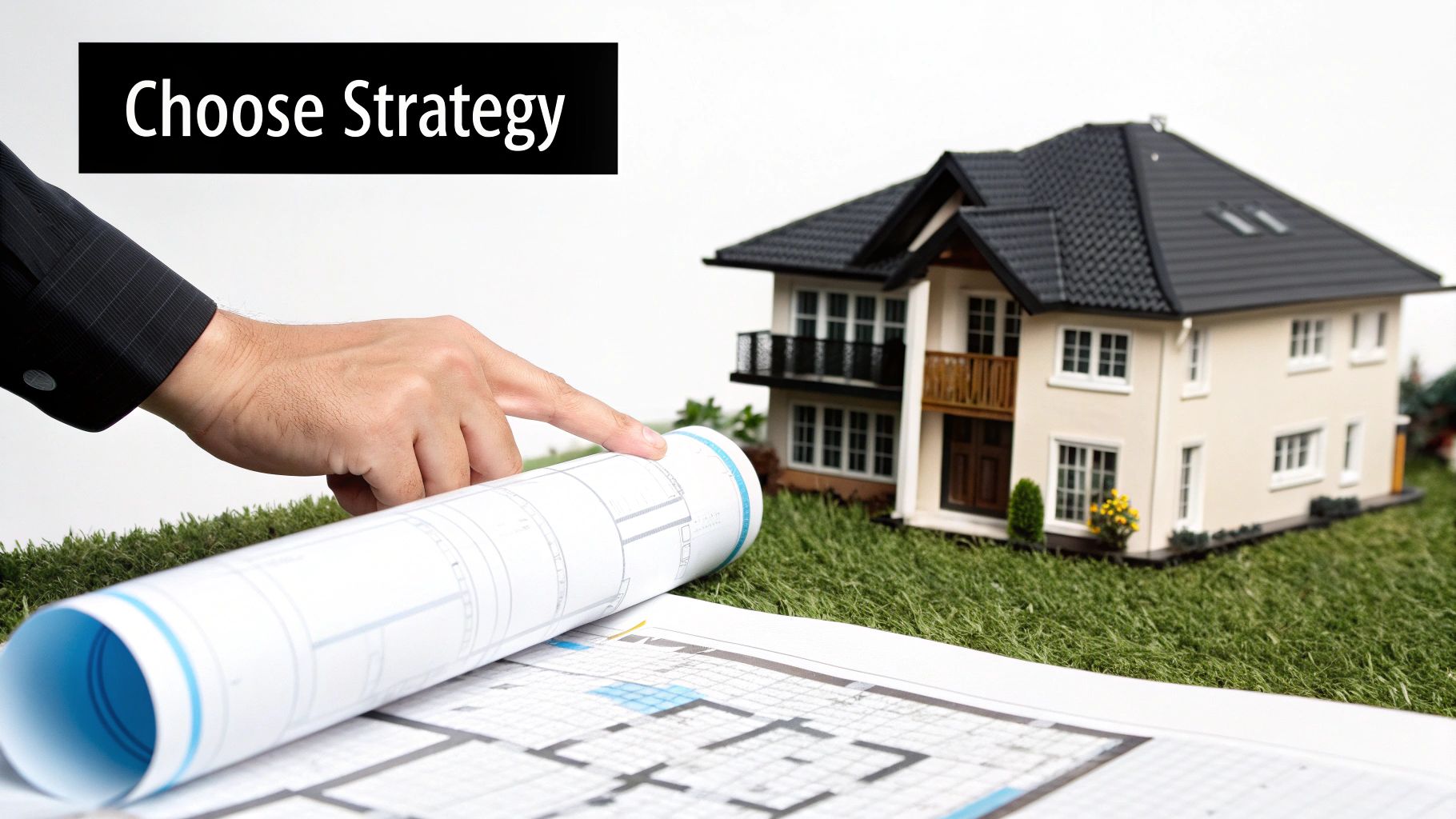 A hand points at blueprints with a model house on grass, under 'Choose Strategy' text.