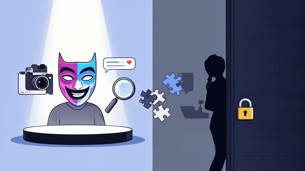 A masked figure with a camera and like icon, contrasted with a hidden silhouette and puzzle pieces, symbolizing online identity and privacy.