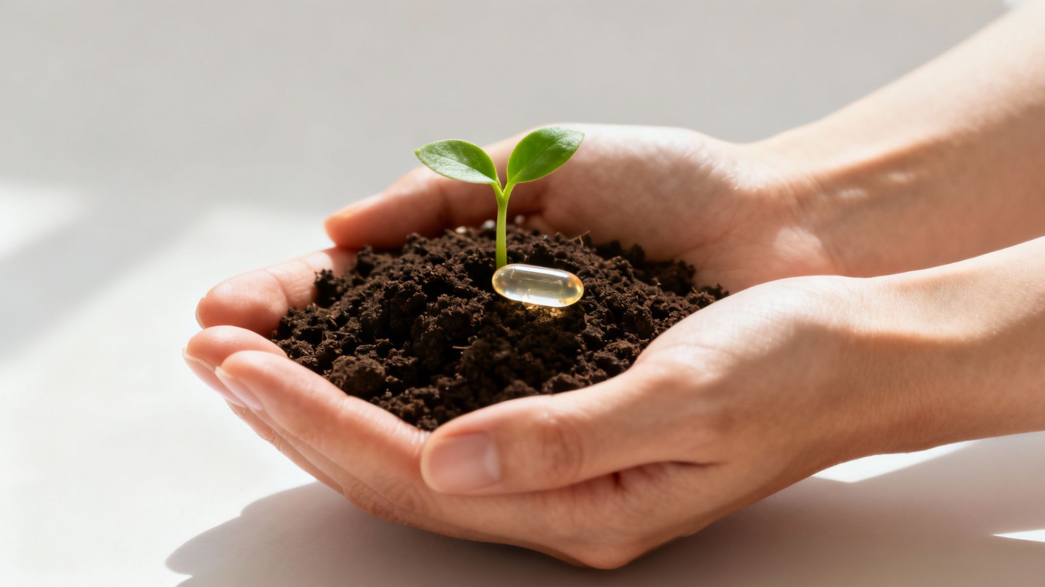 Cupped hands holding a tiny plant sprout and a golden vitamin capsule in soil.
