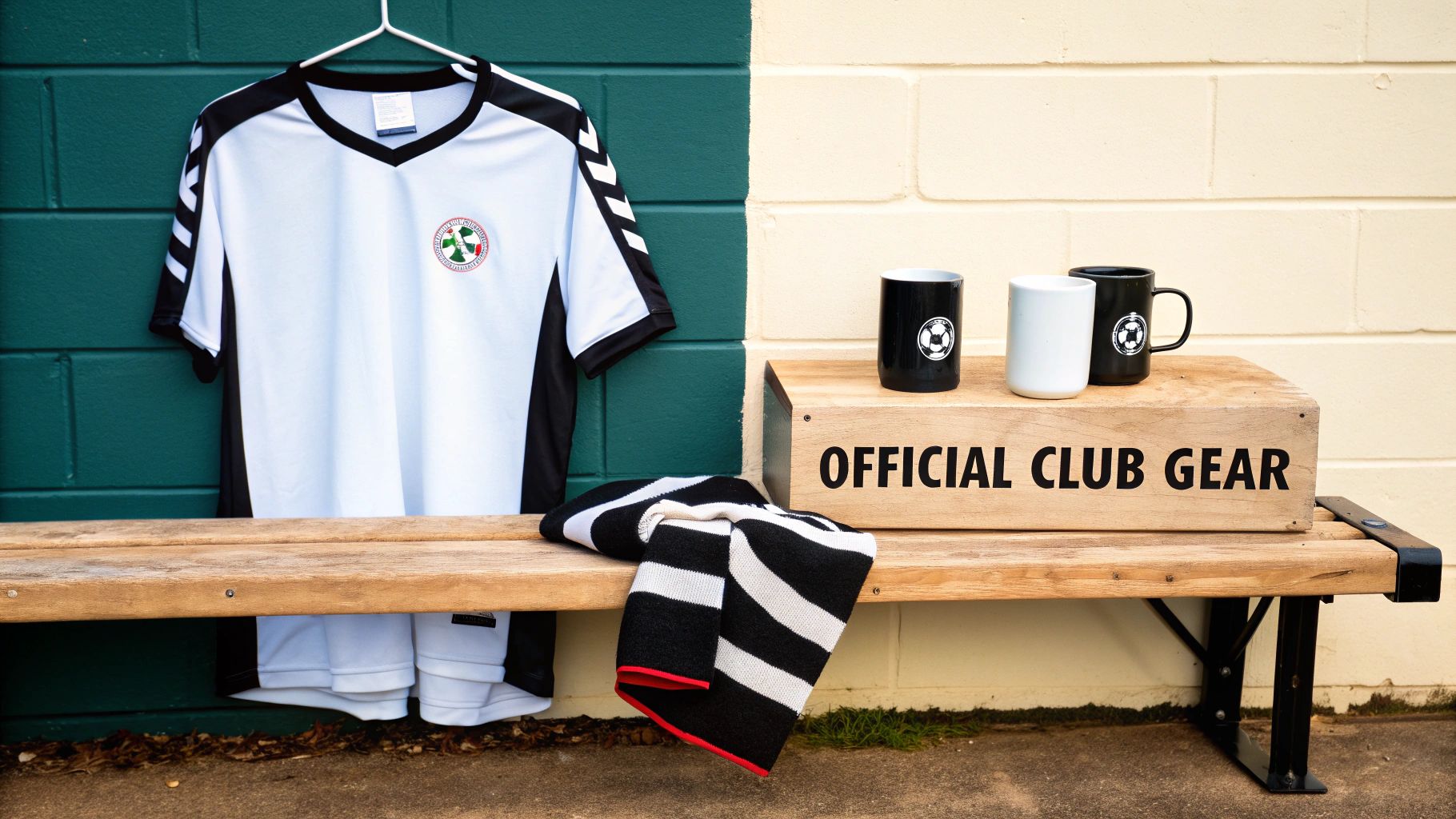 Football club merchandise on a wooden bench, featuring a jersey, scarf, and mugs with an 'Official Club Gear' box.