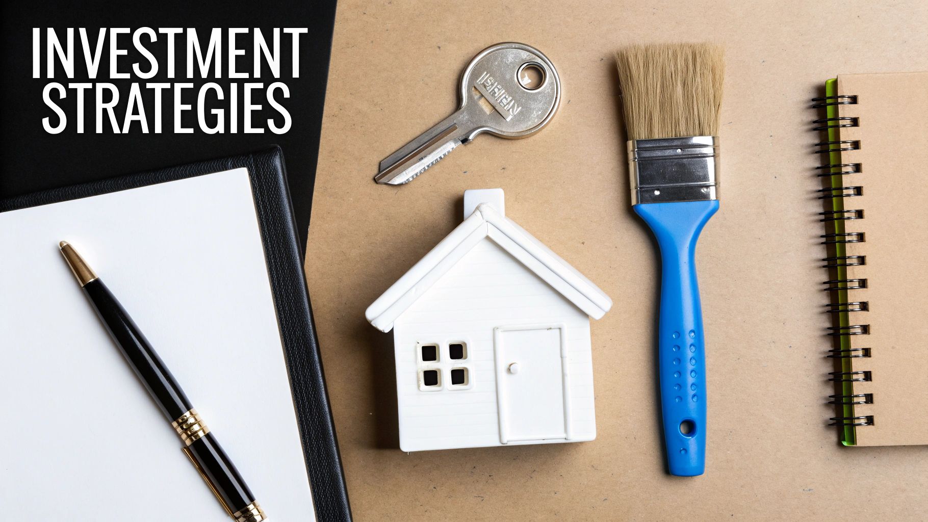 A flat lay showing investment strategies with a house model, key, paintbrush, pen, and notebooks.