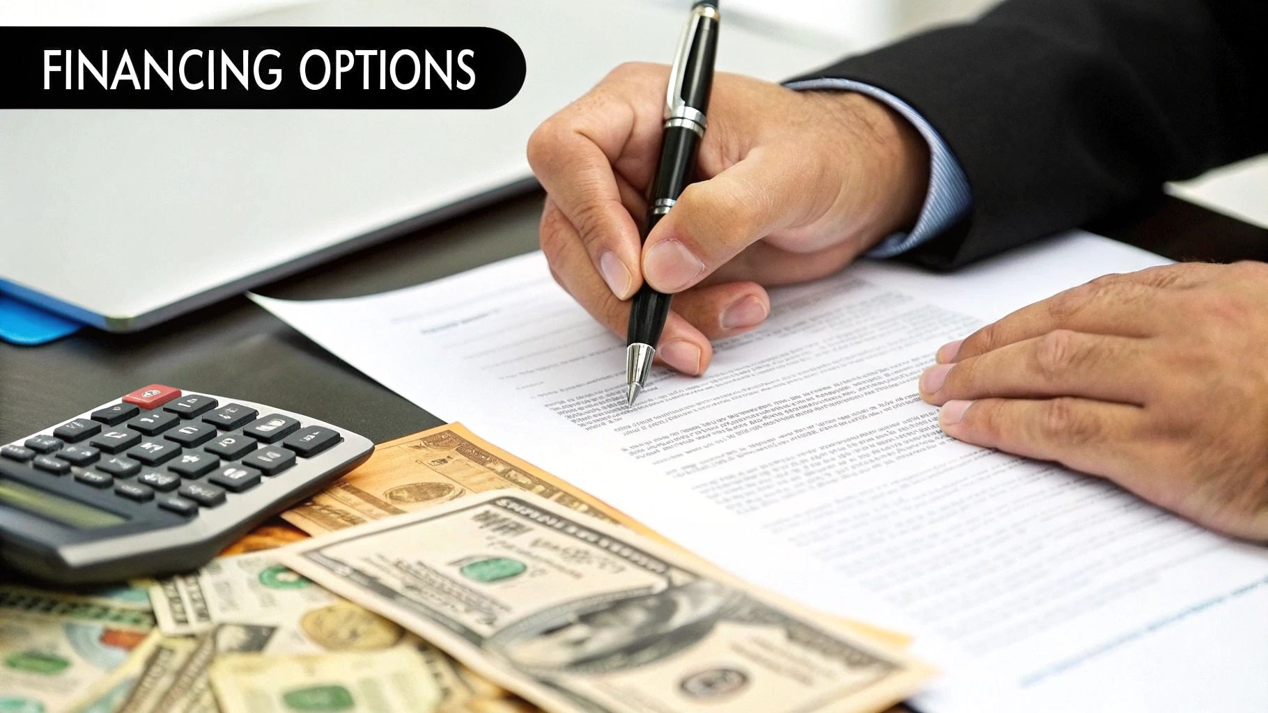 Close-up of a person signing financing documents with a pen, surrounded by money and a calculator.