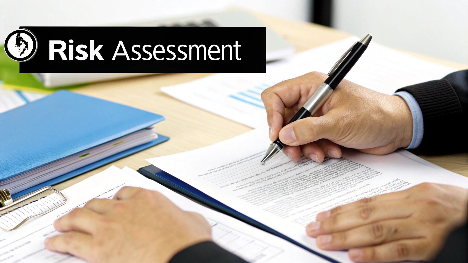 An underwriter carefully reviewing documents at a desk, symbolising the assessment process.
