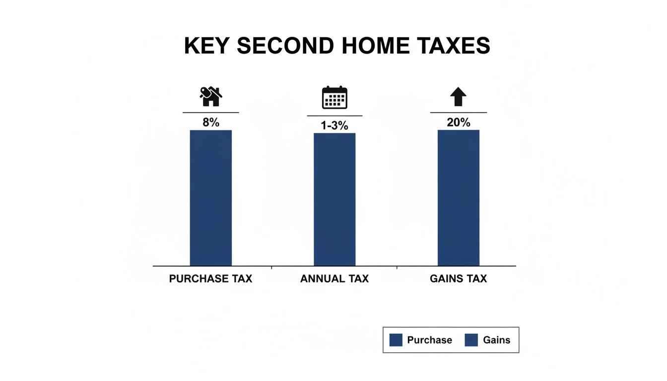 Bar chart illustrating key second home tax percentages: Purchase Tax (8%), Annual Tax (1-3%), and Gains Tax (20%).