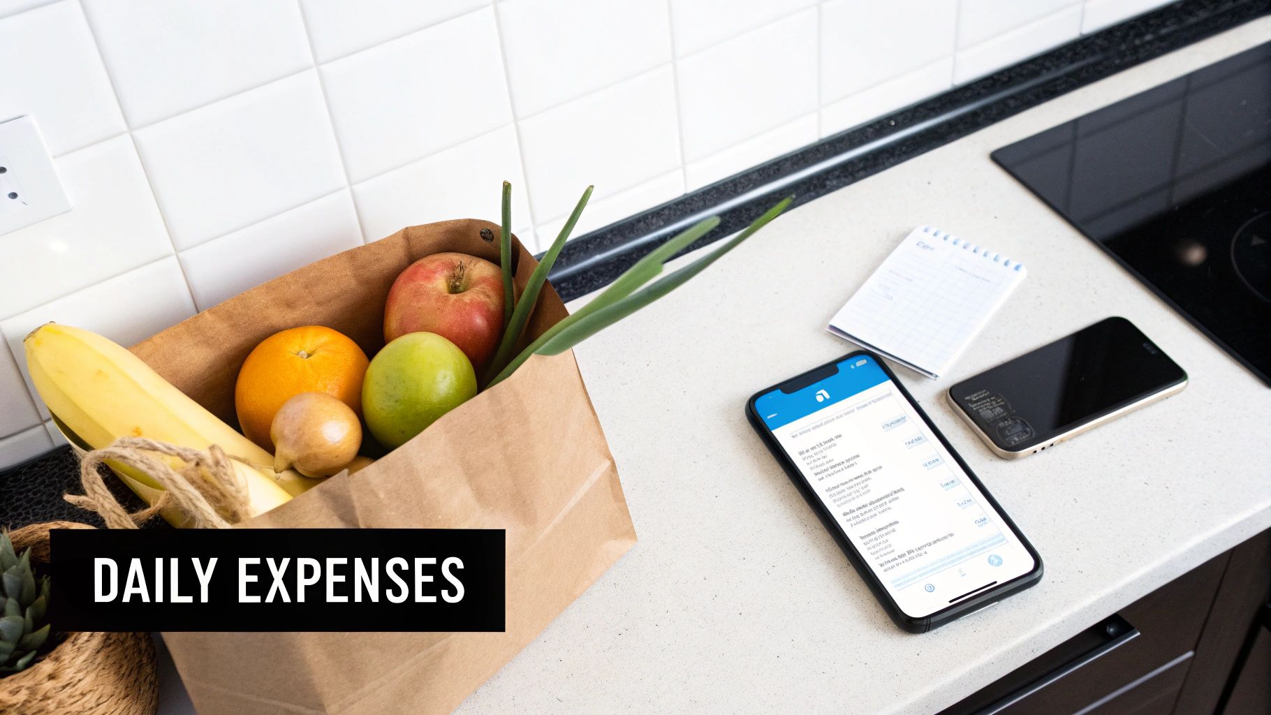 A kitchen counter with a grocery bag of fresh produce, two smartphones, and a notepad, symbolizing daily expenses.