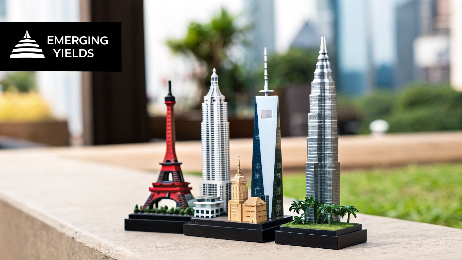 Miniature replicas of world-famous skyscrapers like the Eiffel Tower and Burj Khalifa, arranged outdoors.