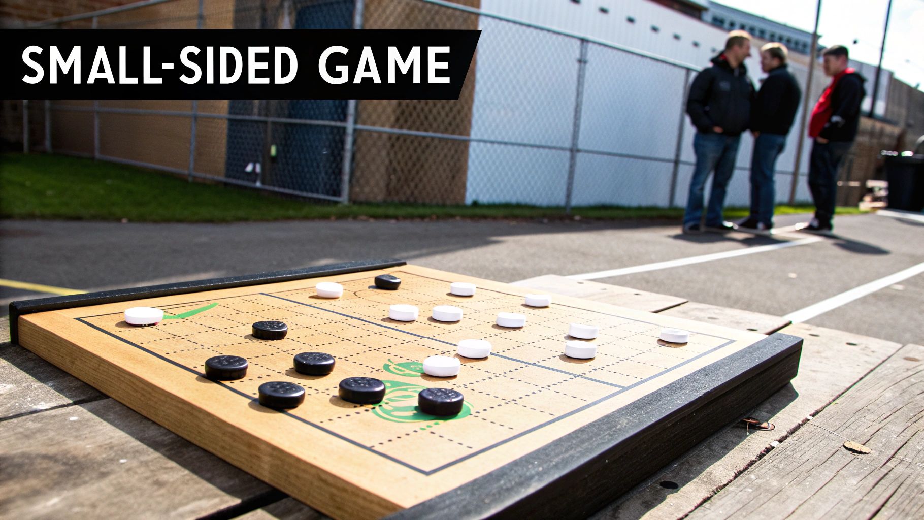 A small-sided board game with black and white pieces on a wooden table outdoors, with three men in the background.