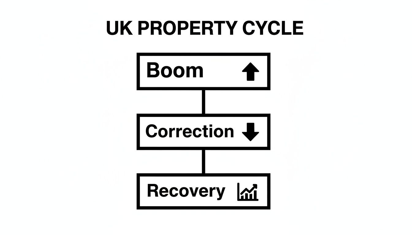 Flowchart illustrating the three phases of the UK property cycle: Boom, Correction, and Recovery.