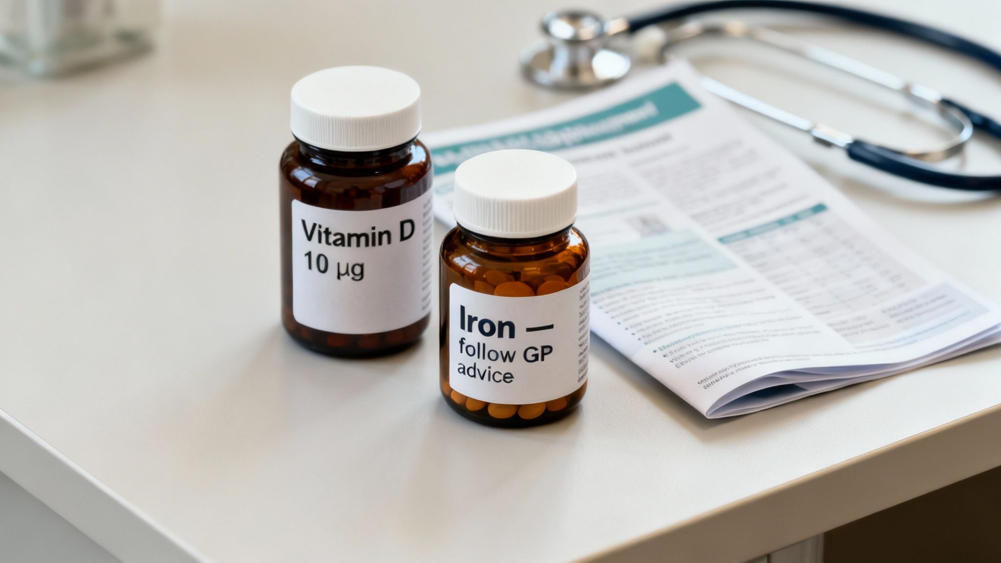 Person holding vitamin D and iron supplements