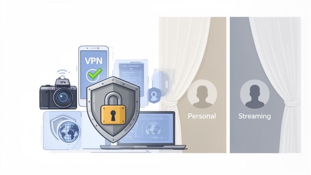 VPN security illustrated with a shield, padlock, and various devices for personal and streaming use.