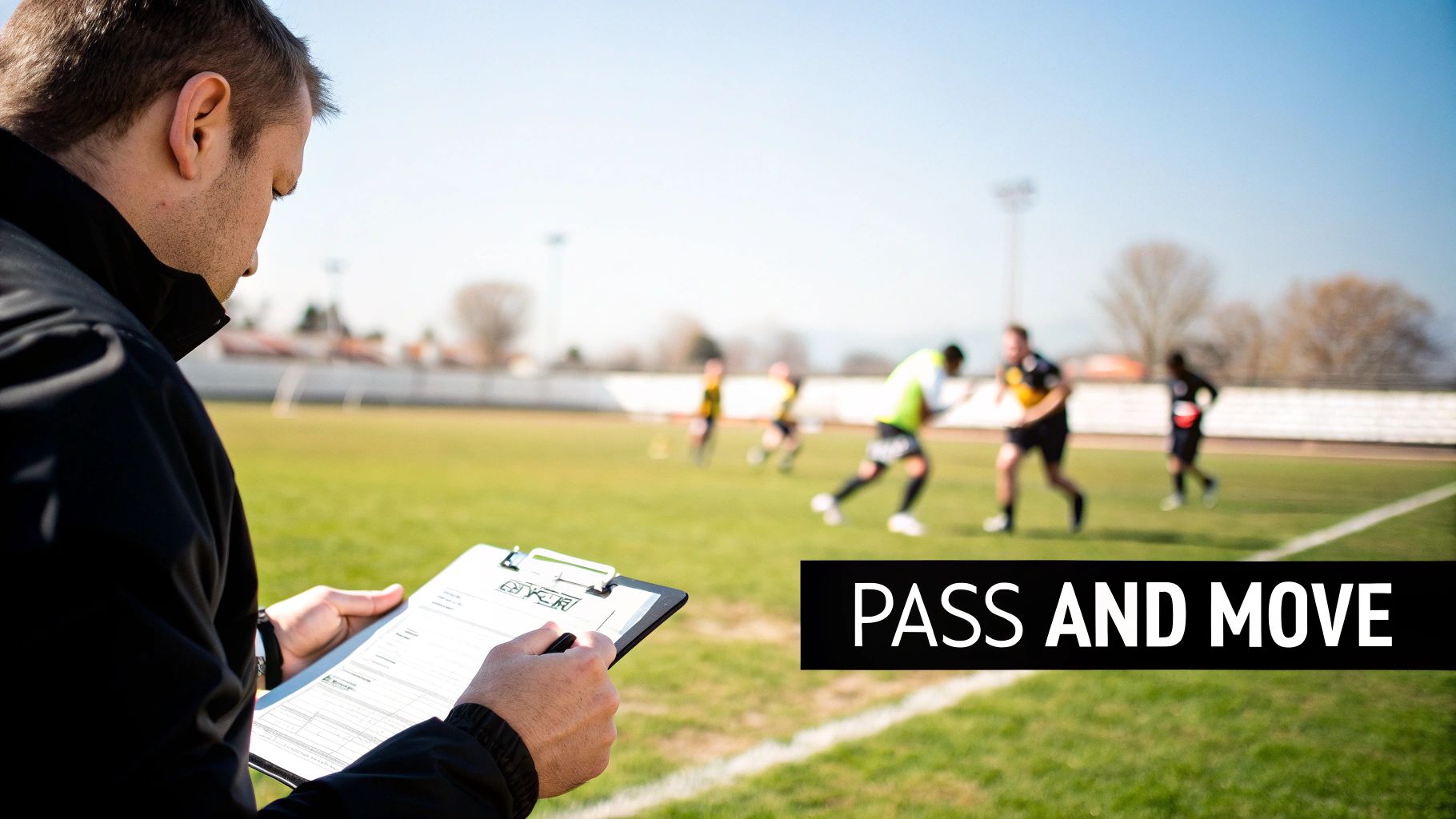 A football coach on the field observes players during a 'pass and move' training session, holding a clipboard.