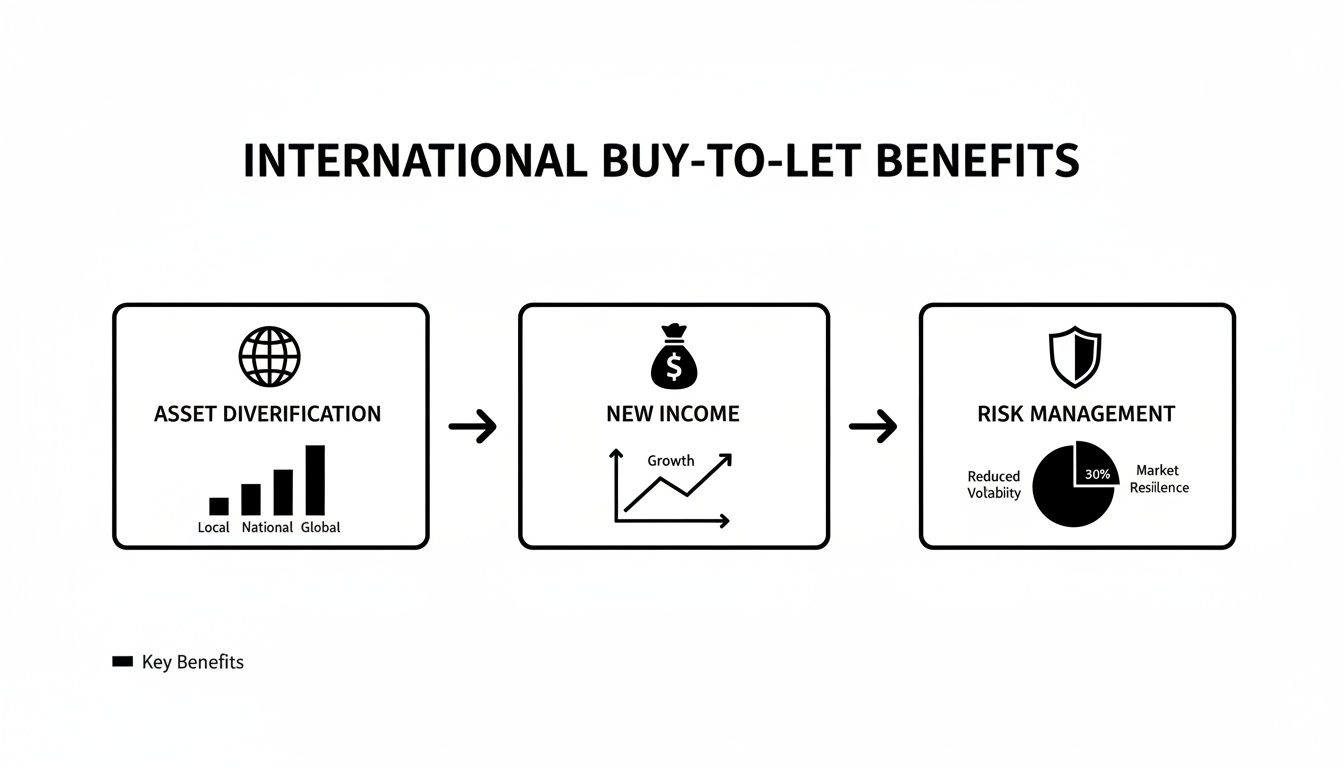 Diagram showing international buy-to-let benefits: asset diversification, new income, and risk management.