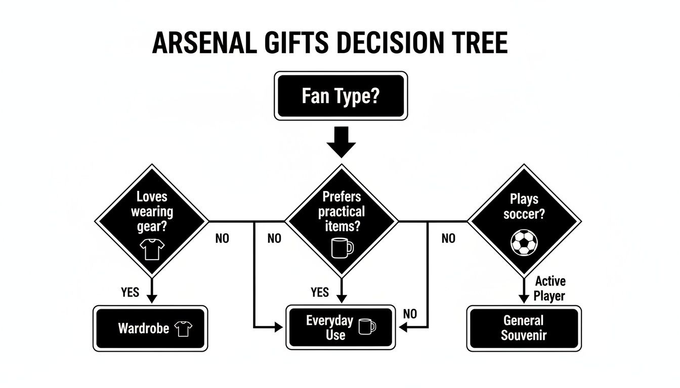A black and white decision tree flowchart helps choose Arsenal gifts based on fan preferences like apparel, practicality, or playing soccer.