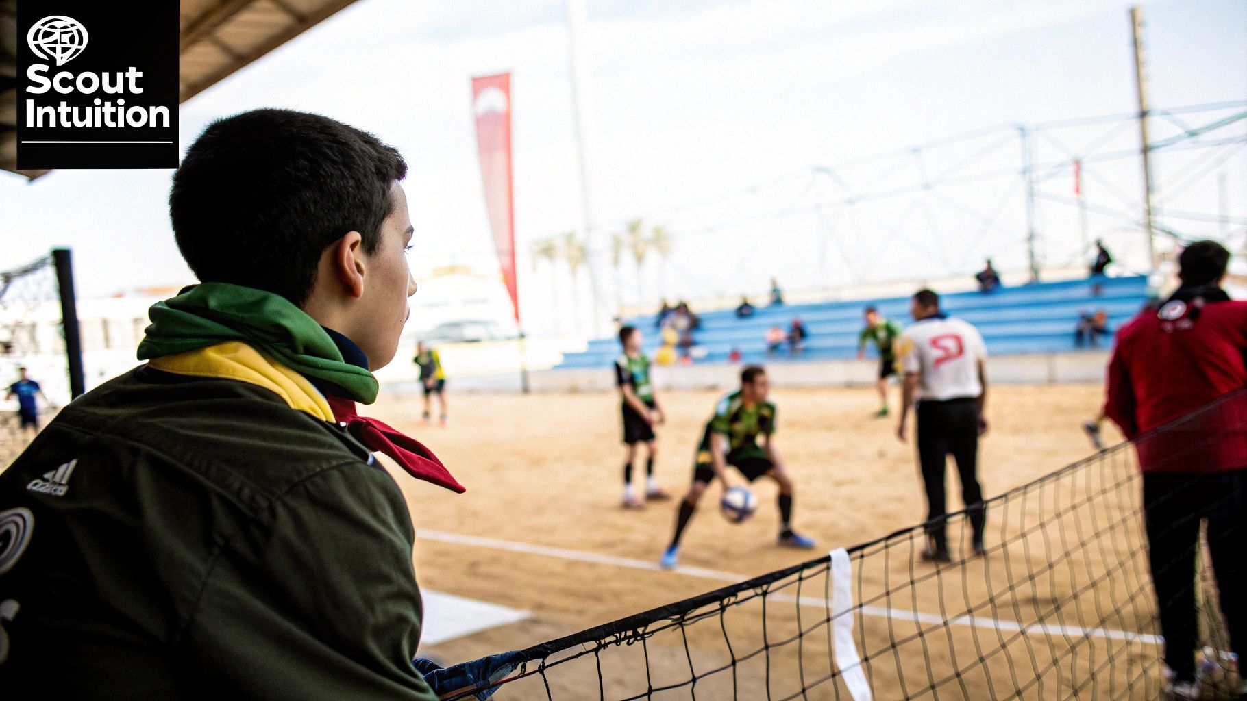 A football scout observing a match intently from the stands.