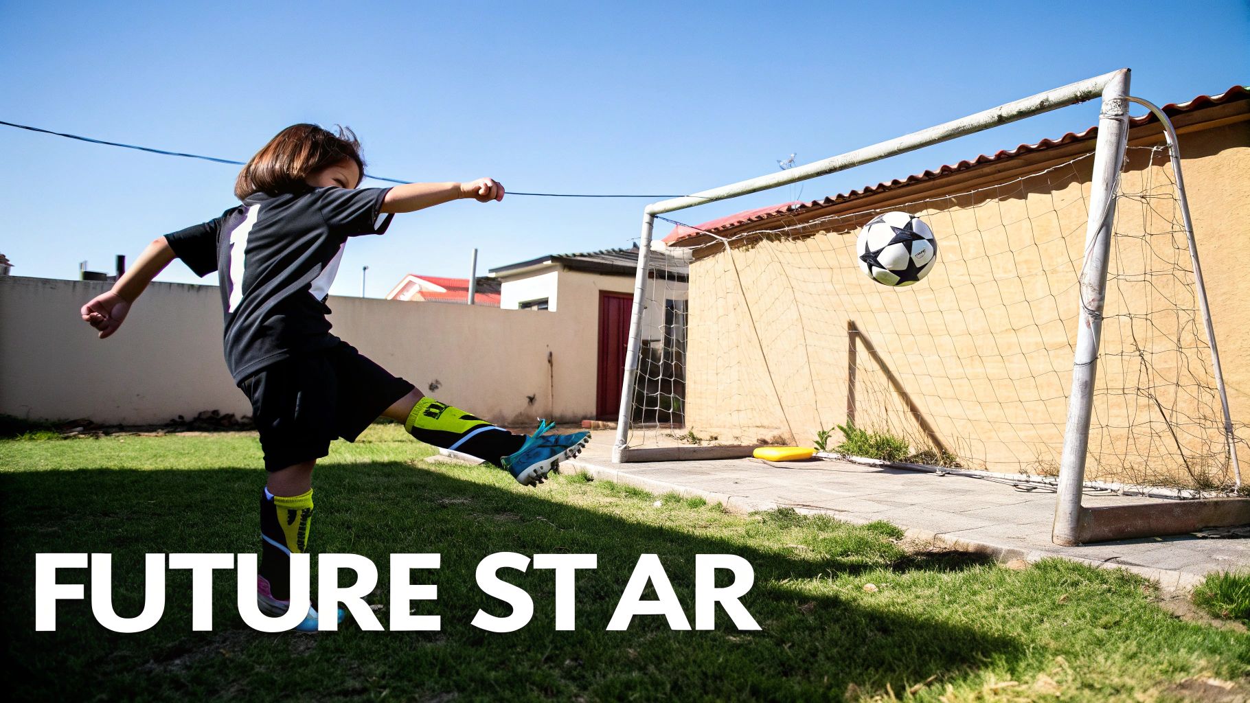 A child in a black football kit kicking a soccer ball into a goal with "FUTURE STAR" text.