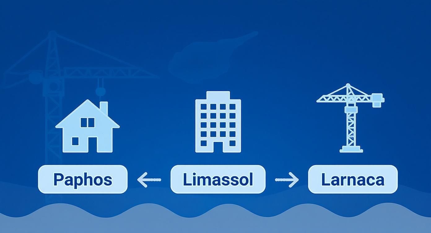 Cyprus property investment diagram showing residential homes in Paphos, commercial buildings in Limassol, and construction development in Larnaca