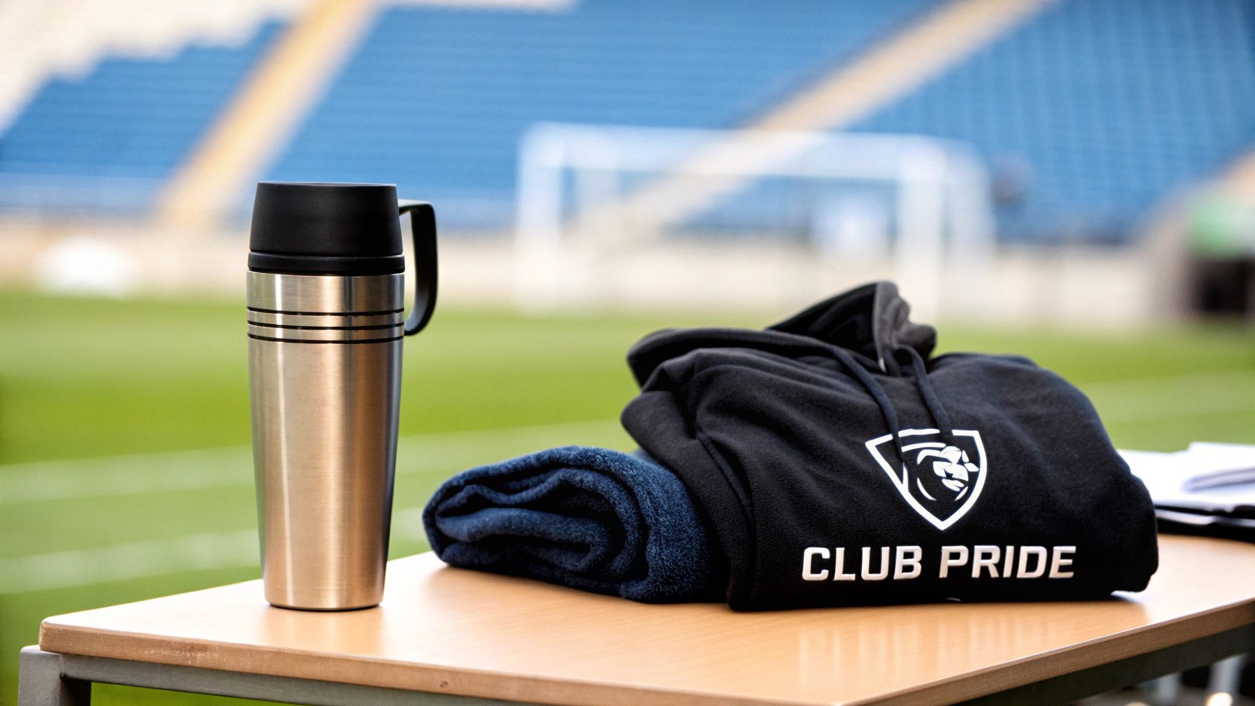 A stainless steel travel mug, a blue towel, and a black 'CLUB PRIDE' hoodie on a table at a football stadium.