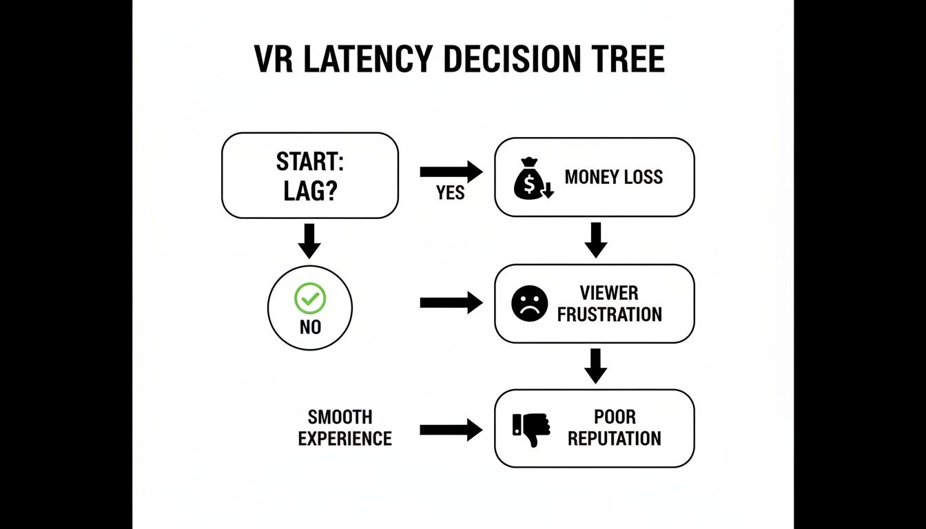 Decision tree flowchart illustrating VR latency issues, showing paths for lag leading to money loss and poor reputation.