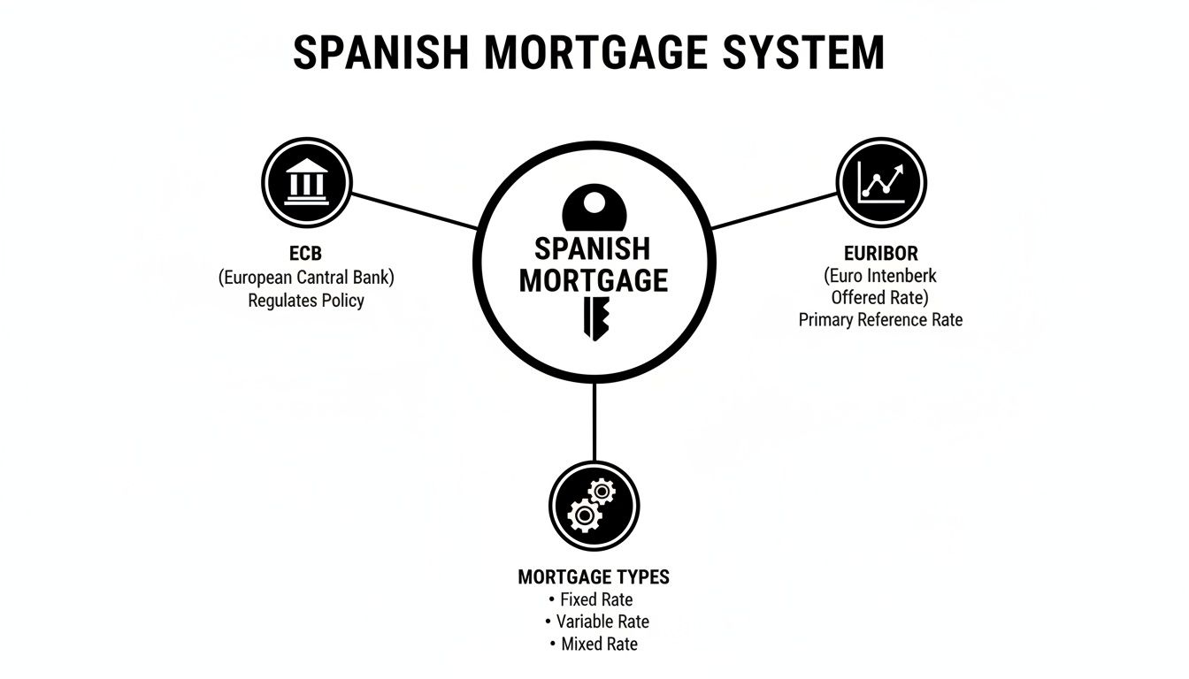 Diagram illustrating the Spanish mortgage system, showing influences from ECB, EURIBOR, and various mortgage types.