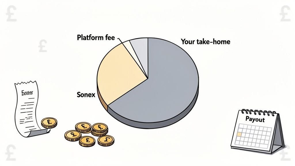 Pie chart showing income distribution with "Your take-home," "Sonex," and "Platform fee" segments, alongside a bill and payout calendar.