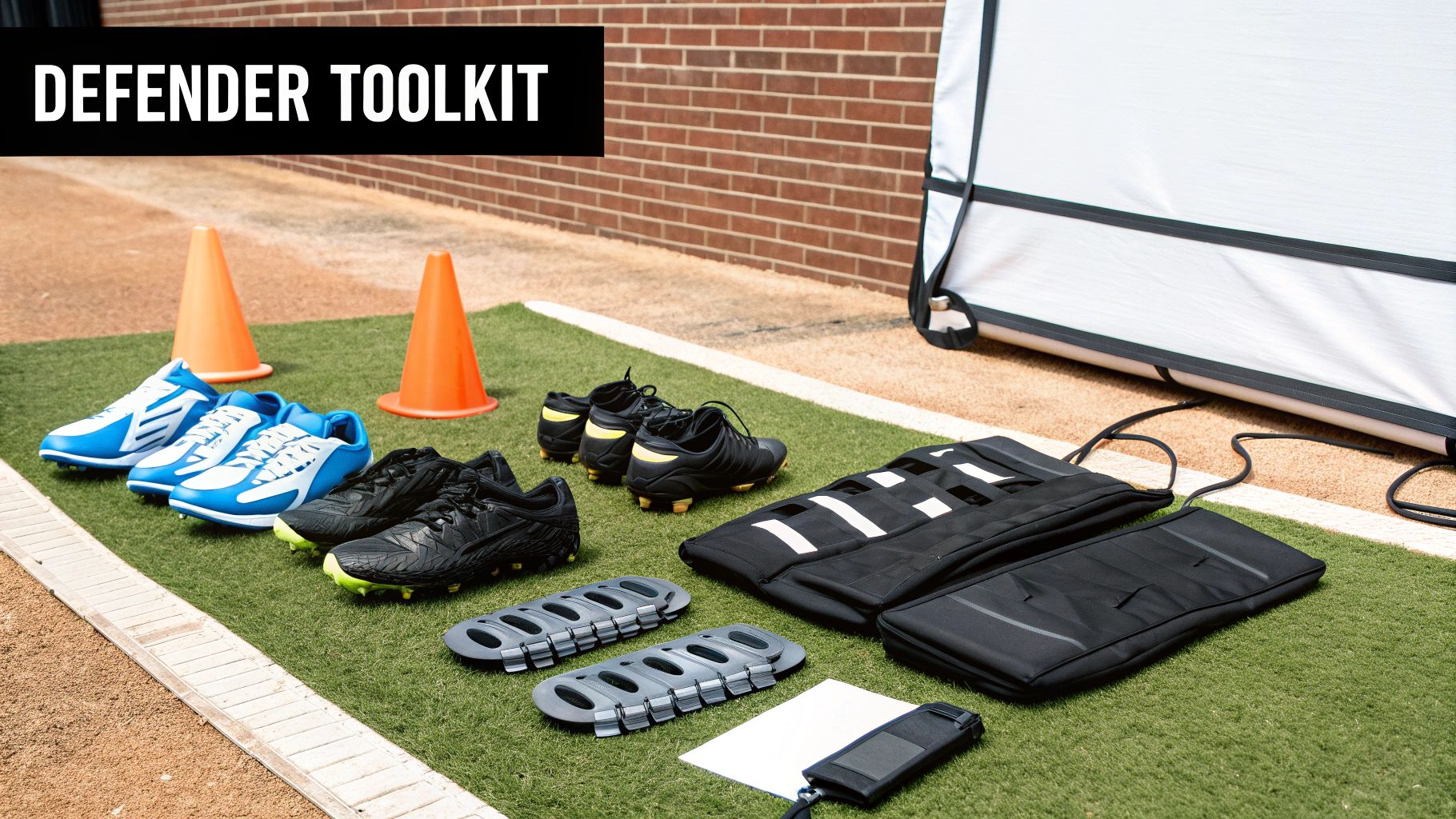 A collection of soccer defender training equipment, including cleats, cones, and agility mats, on turf.