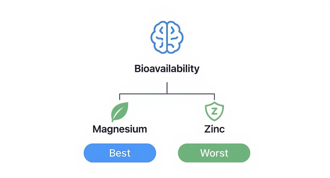 A diagram comparing the bioavailability of Magnesium (best) and Zinc (worst), with a brain icon for bioavailability.