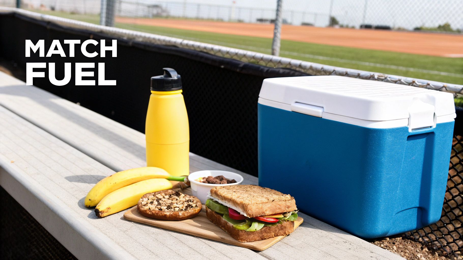 Healthy snacks and drinks, including a sandwich, bananas, and a cooler, on a bench at a sports field.