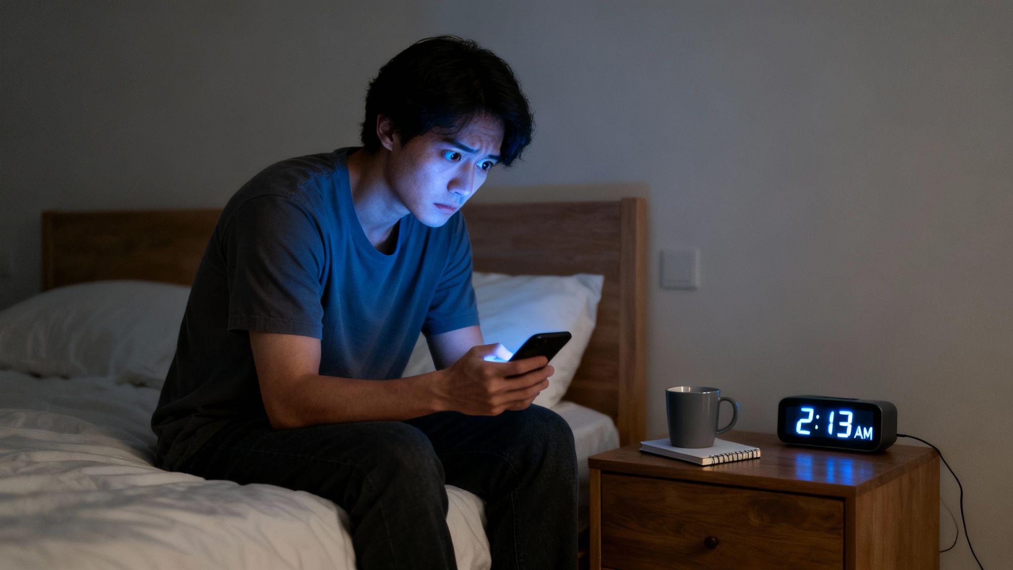 Young man wide awake in bed at 2:13 AM, staring at his phone with a worried expression.
