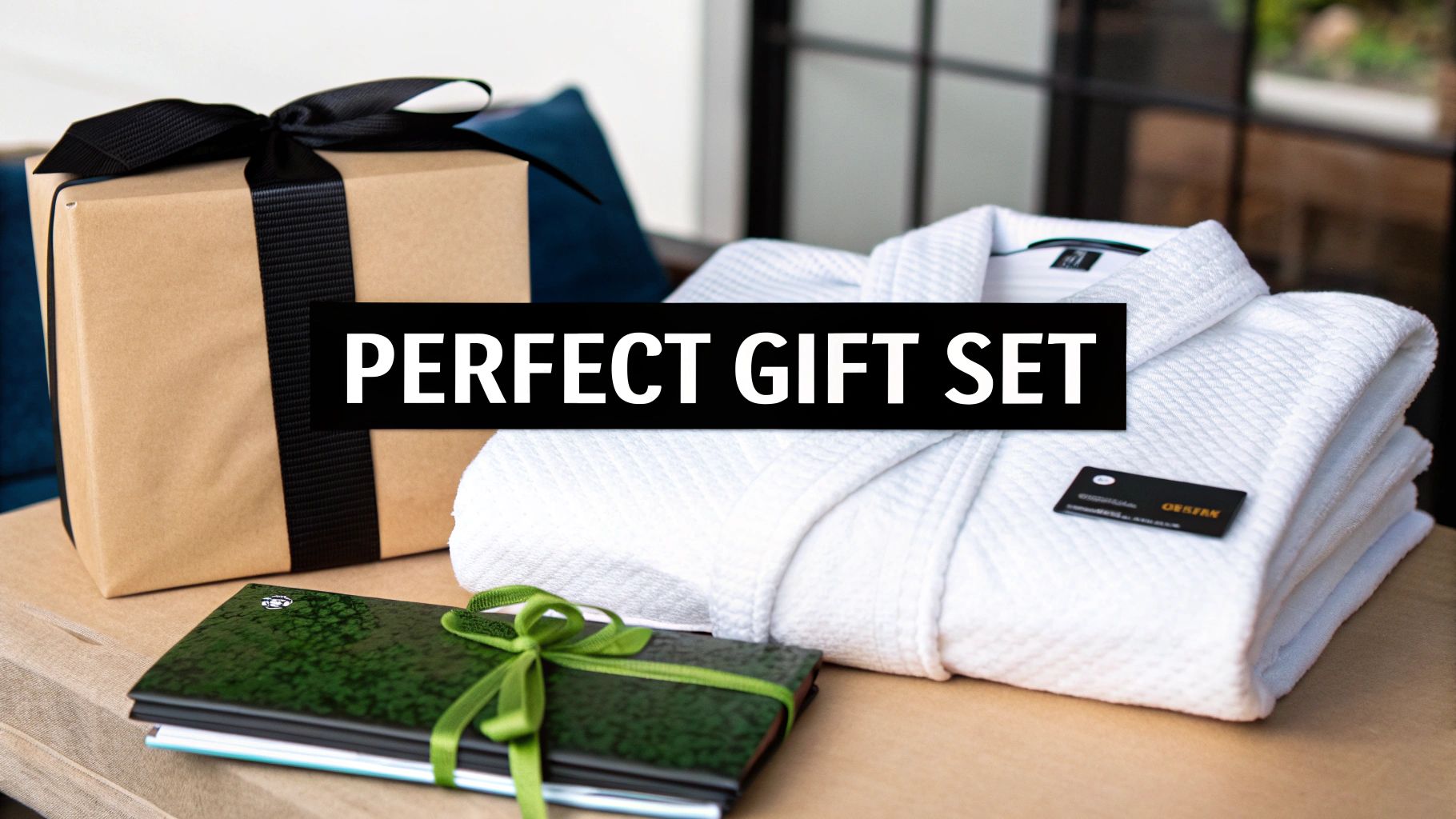 A perfect gift set with a brown box, white bathrobe, and green journal for special occasions.