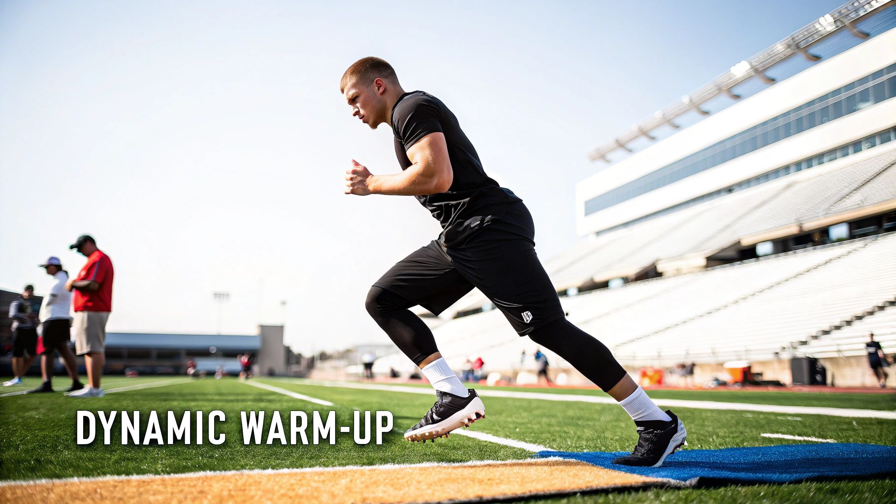 A male athlete in black athletic gear performs a dynamic warm-up on a football field.