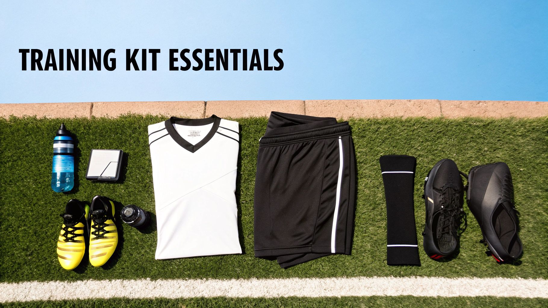 Flat lay of football training kit essentials: water bottle, shirt, shorts, socks, and two pairs of cleats.