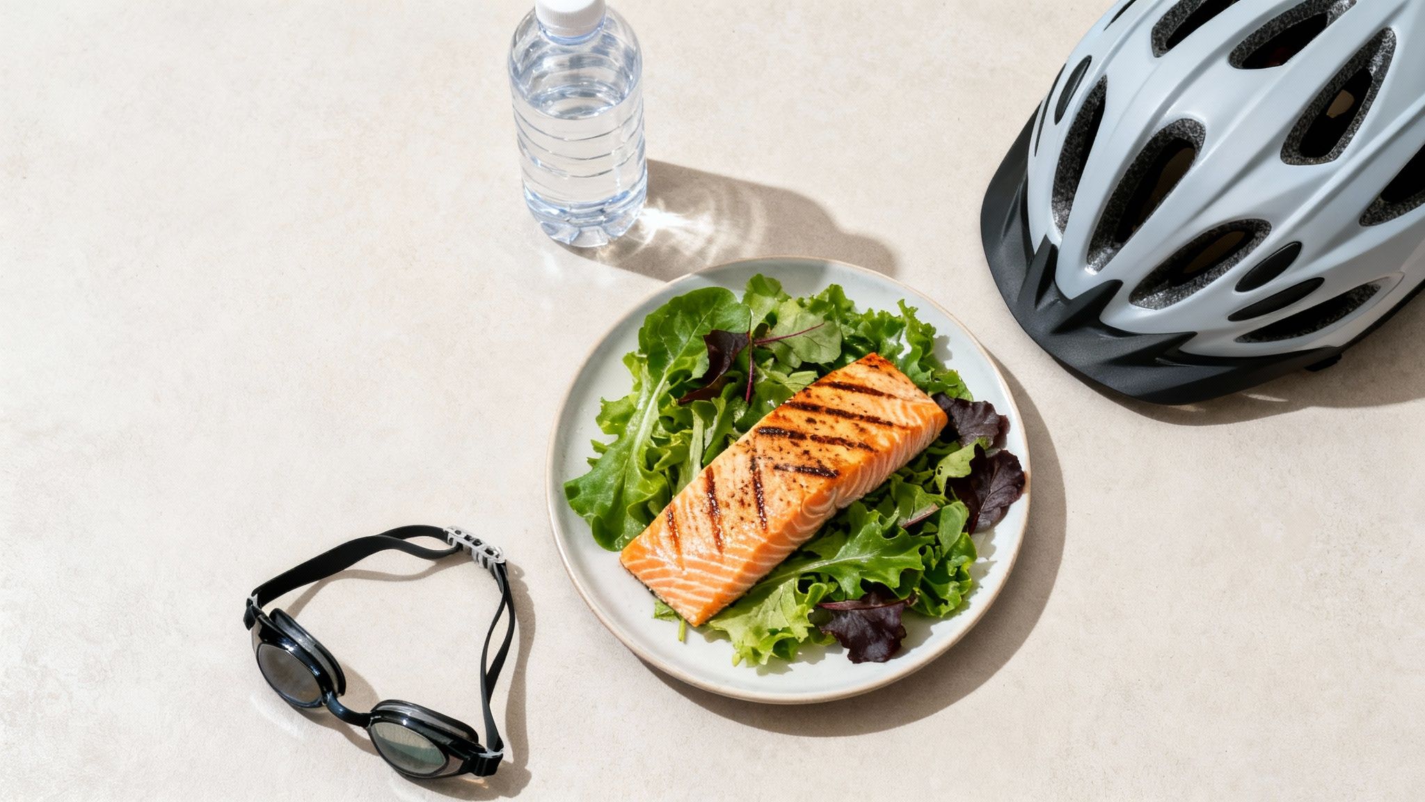 A healthy meal of grilled salmon with salad, water, swim goggles, and a bike helmet.