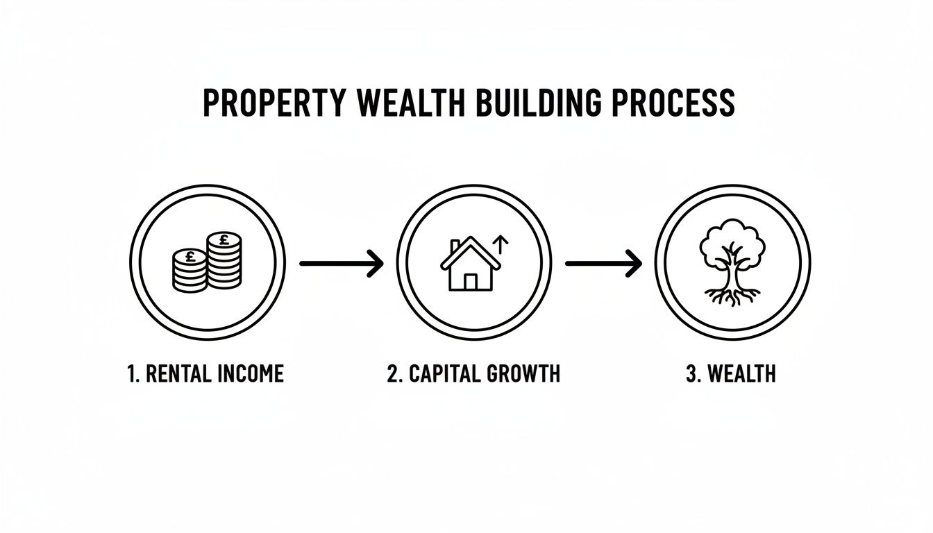 Diagram showing the property wealth building process: rental income, capital growth, leading to wealth.
