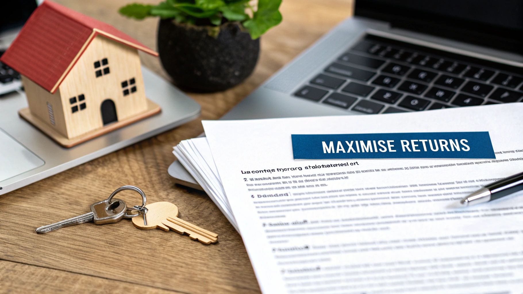 Miniature house model, keys, and a 'Maximise Returns' document on a desk with a laptop.