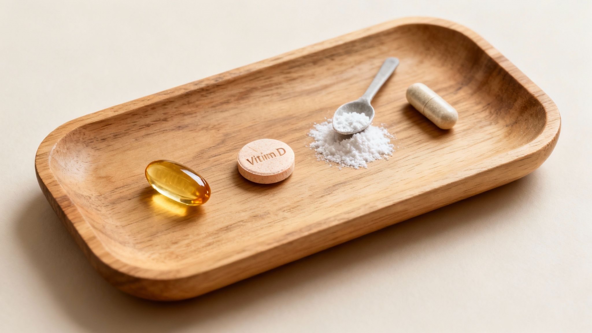 A wooden tray displays various nutritional supplements, including a Vitamin D tablet, softgel, powder, and capsule.