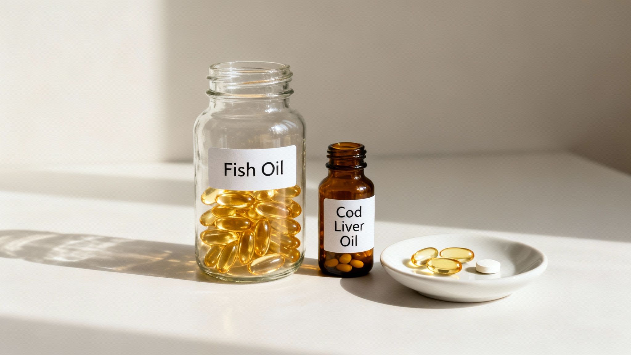 A large jar of Fish Oil capsules and a smaller bottle of Cod Liver Oil, with supplements on a dish.
