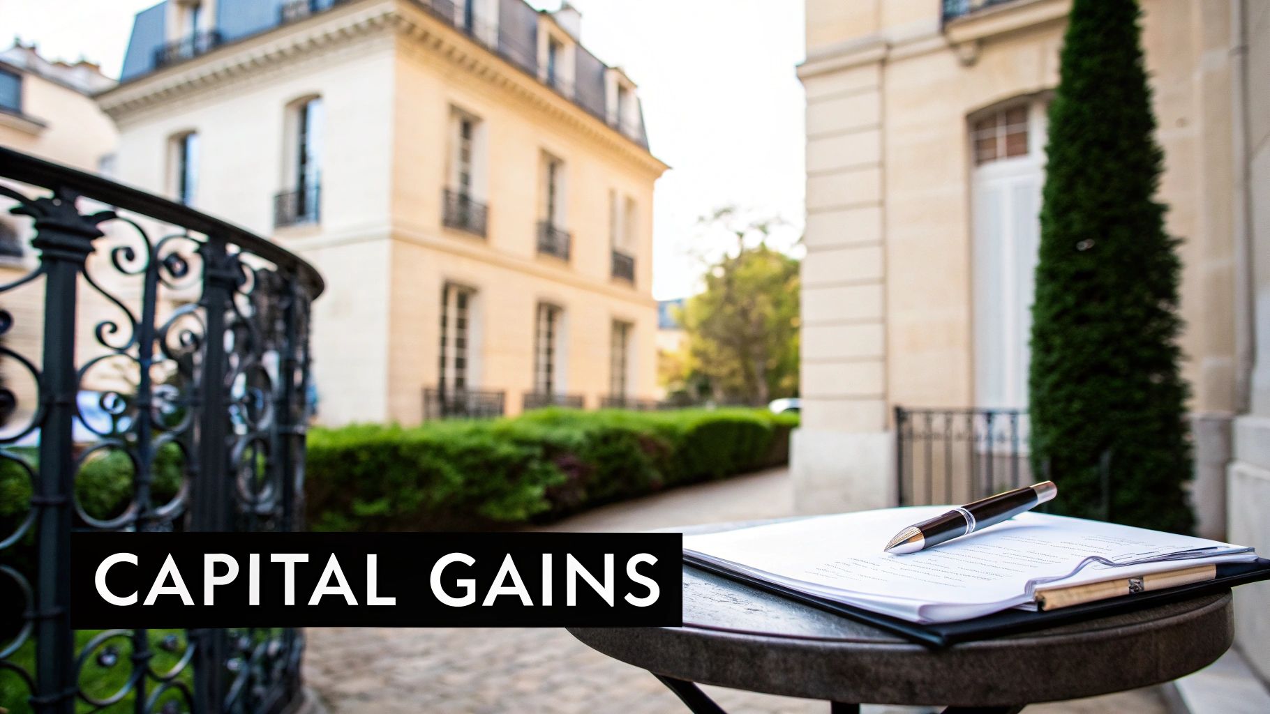 A pen rests on financial documents, with 'CAPITAL GAINS' text, against a blurry backdrop of elegant Parisian architecture.