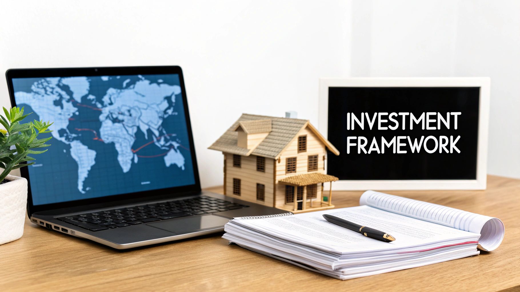 Desk with laptop showing world map, a model house, 'INVESTMENT FRAMEWORK' sign, and documents.