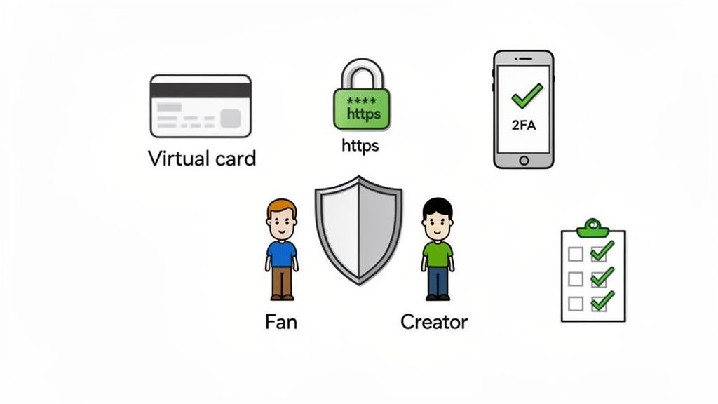 Illustration of a fan and creator protected by a shield, with icons for virtual card, HTTPS, and 2FA security.
