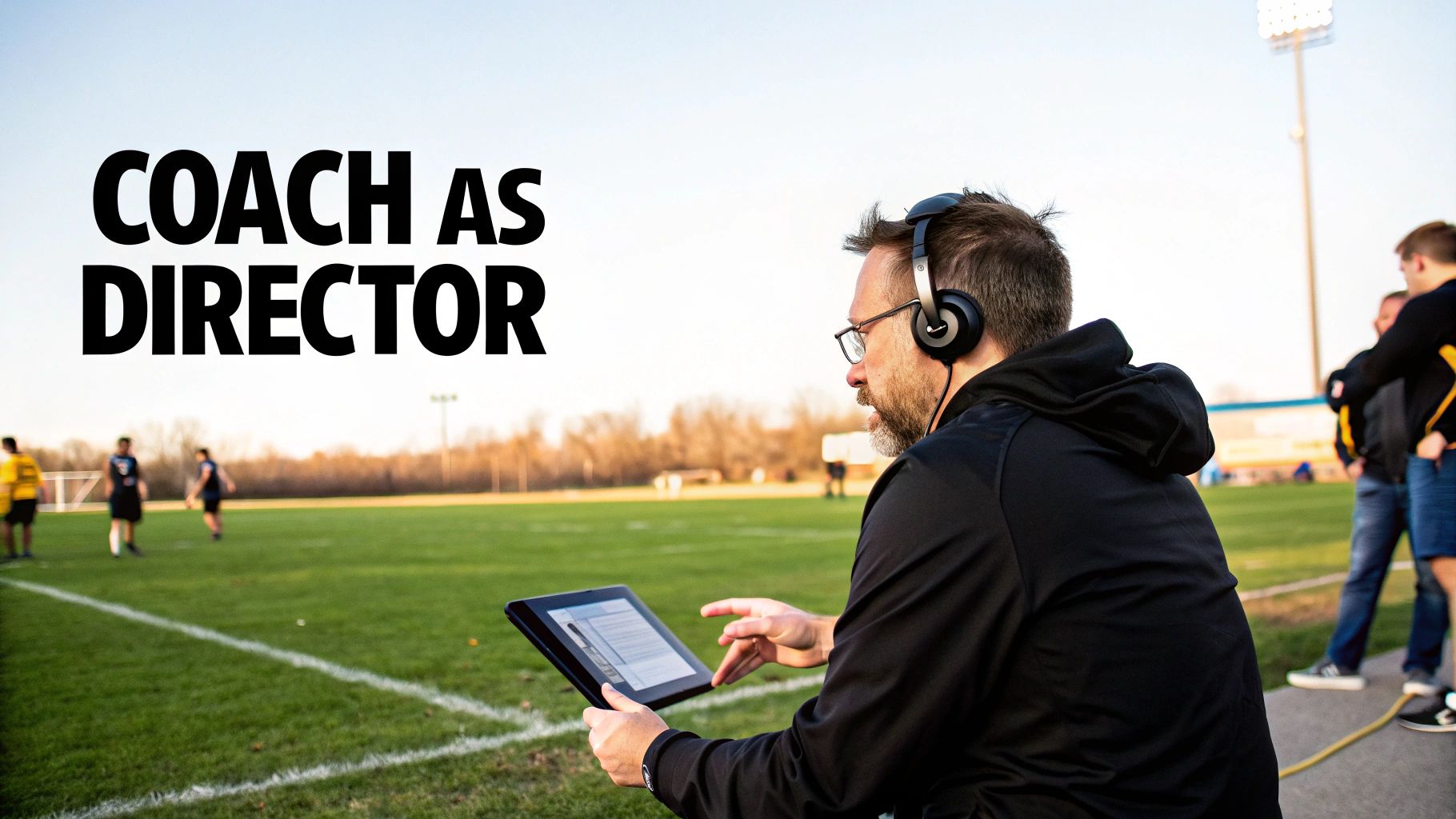 Coach with headphones and glasses reviews plays on a tablet at a sports field.