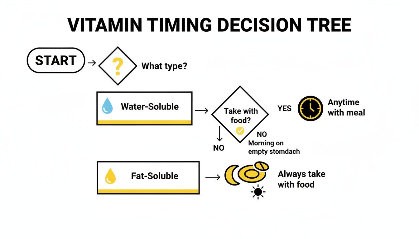 A vitamin timing decision tree flowchart guiding users on when to take water-soluble or fat-soluble vitamins.