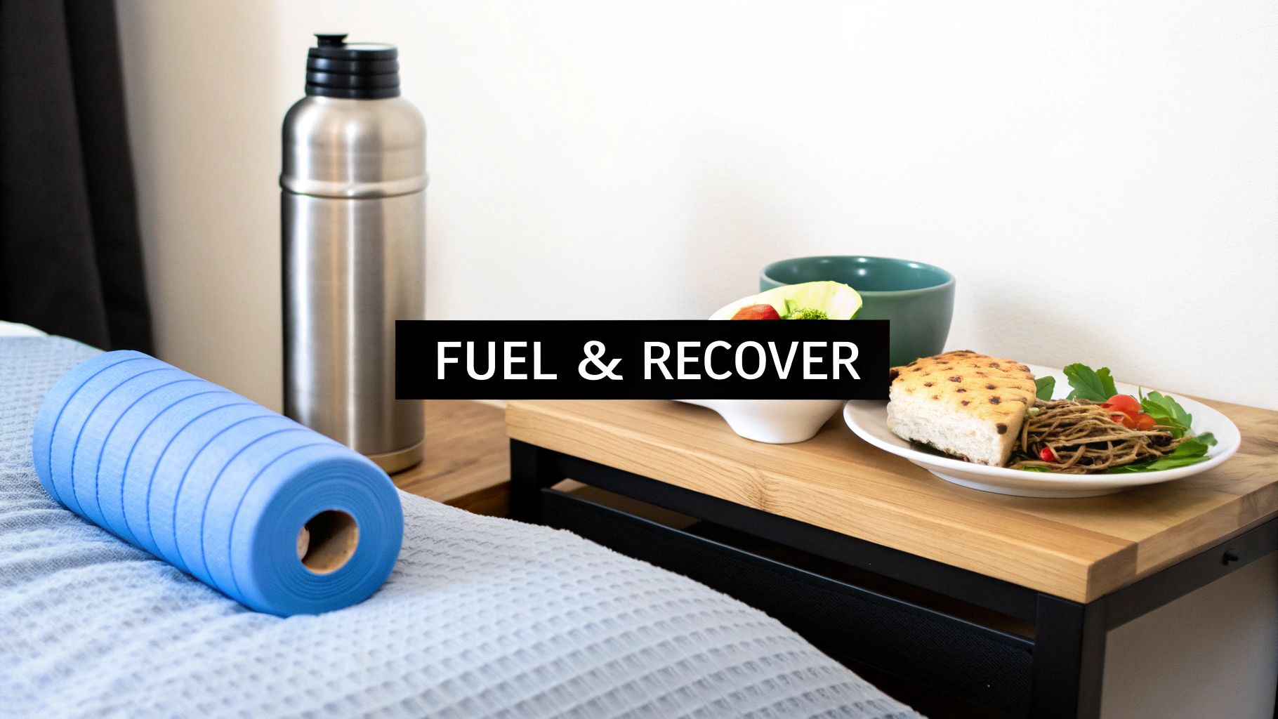 A blue foam roller, silver water bottle, and healthy meal on a nightstand, symbolizing fuel and recovery.