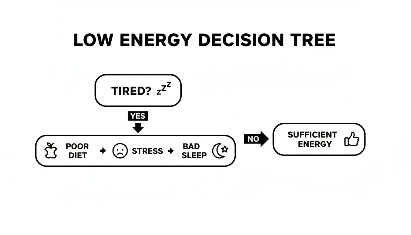 A low energy decision tree flowchart showing that tiredness can result from poor diet, stress, or bad sleep.