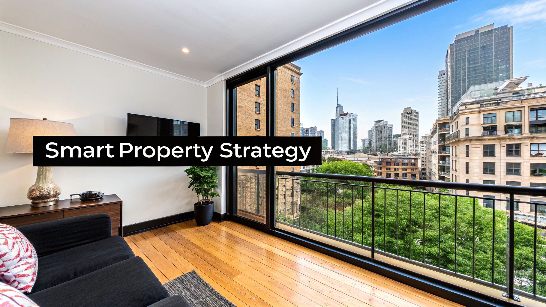 A modern apartment living room with a balcony view of a vibrant city skyline and green trees.