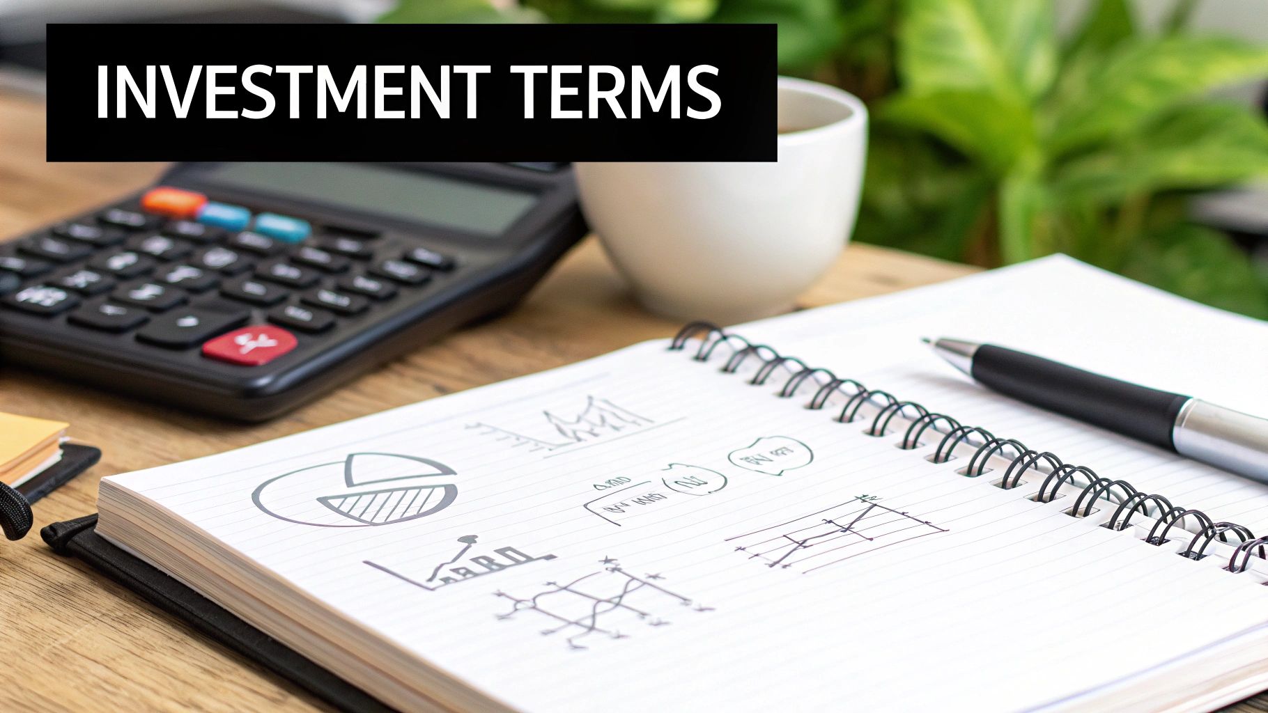 A desk with a calculator, coffee, and a notebook featuring financial charts and 'INVESTMENT TERMS' text.