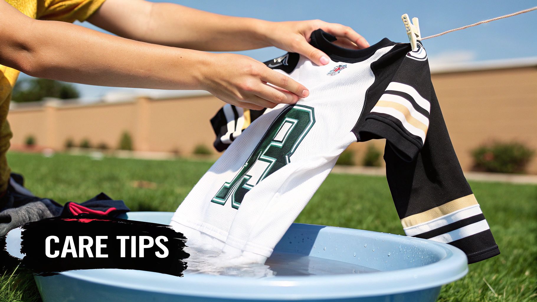 A person's hands are carefully washing a white football jersey in a blue basin outside.
