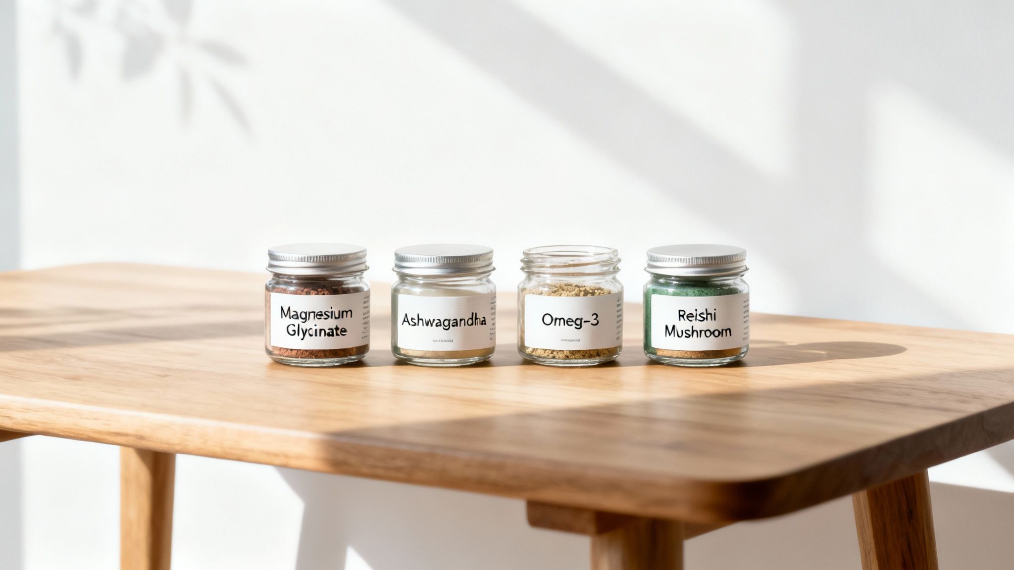 A variety of colourful supplements in bowls and spoons, laid out on a clean, light surface.